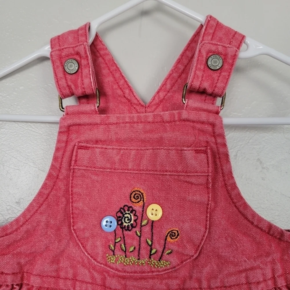 Carter's Vintage Faded Red Denim Overalls Baby Girl 9-12 Months Floral Embroider